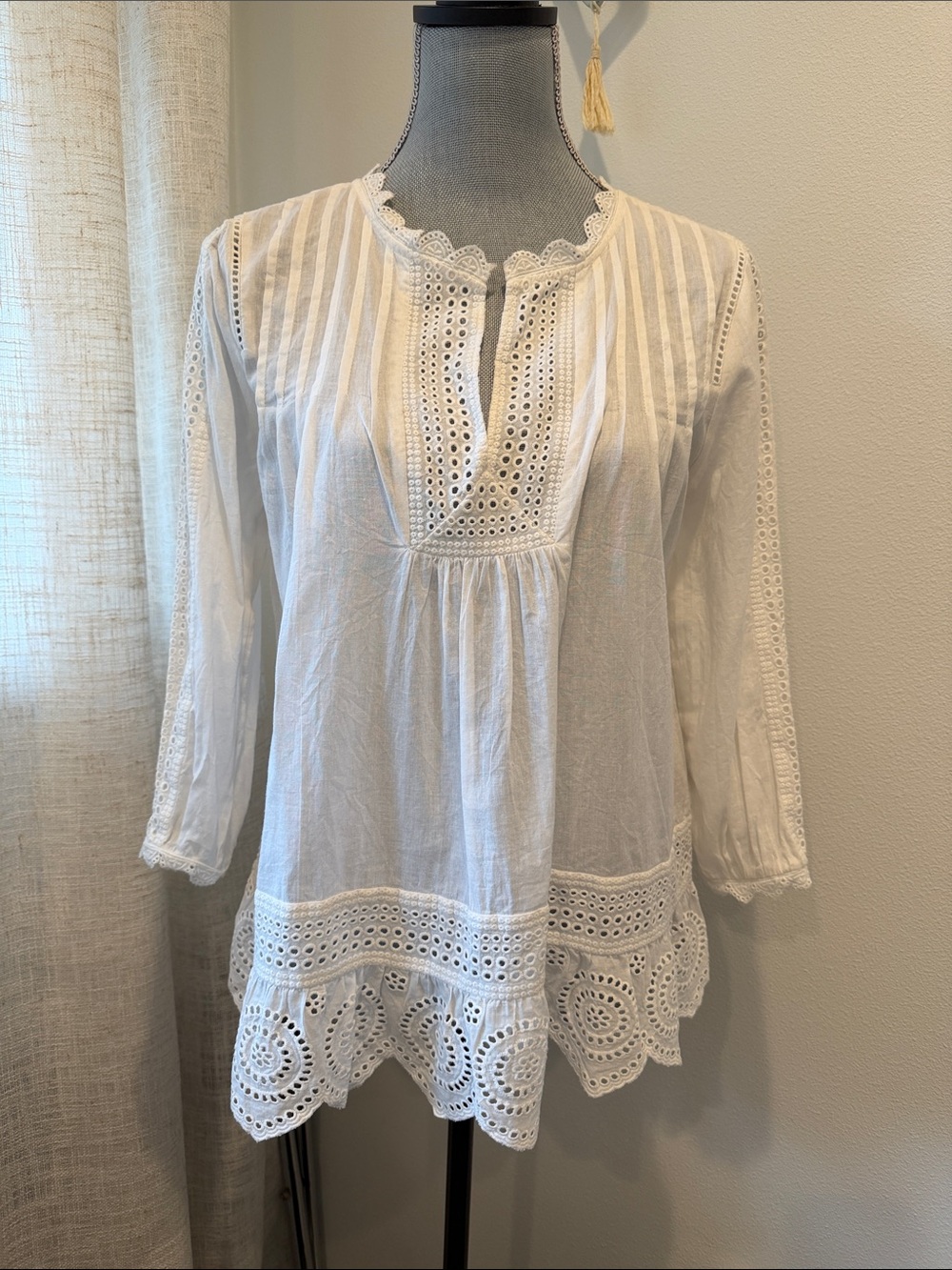Ranna Gill White Eyelet Lace Pintuck Top